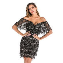 Load image into Gallery viewer, BGW Sexy V Neck Off Shoulder Short Sequined Tassel A-line Women Dress Champagne Black Vestidos Party Formal Cocktail Dress - SWAGG FASHION
