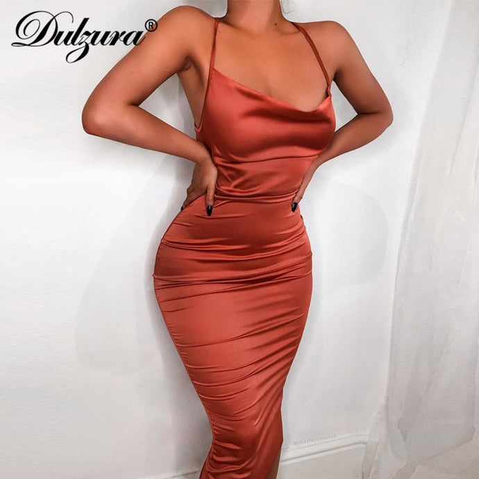 Dulzura neon satin lace up 2020 summer women bodycon long midi dress sleeveless backless elegant party outfits sexy club clothes - SWAGG FASHION