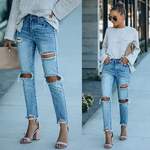 Women's jeans ripped washed slim fit women's jeans trousers
