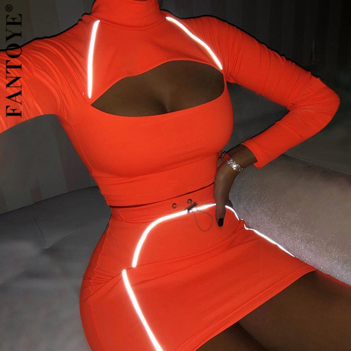 FANTOYE Women Reflective Two Pieces Set Dress Fashion Drawstring Dress Sets Sexy Hollow Out Striped Patchwork Shorts Outfits Set - SWAGG FASHION