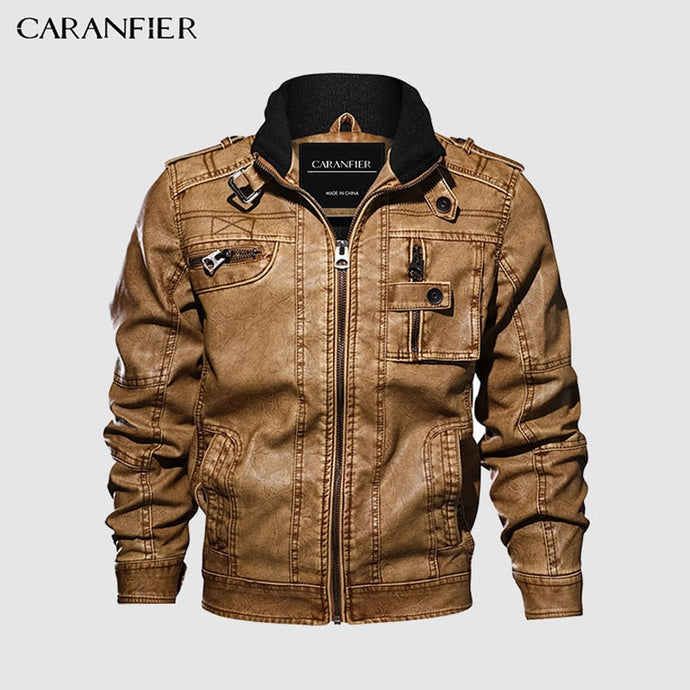 CARANFIER Mens Leather Jackets Motorcycle Stand Collar Zipper Pockets Male US Size PU Coats Biker Faux Leather Fashion Outerwear - SWAGG FASHION