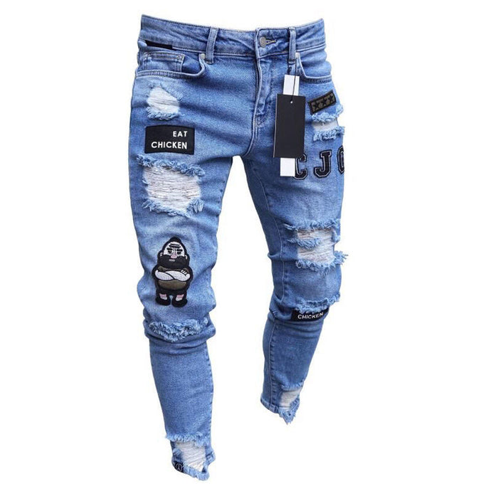3 Styles Men Stretchy Ripped Skinny Biker Embroidery Print Jeans Destroyed Hole Taped Slim Fit Denim Scratched High Quality Jean - SWAGG FASHION