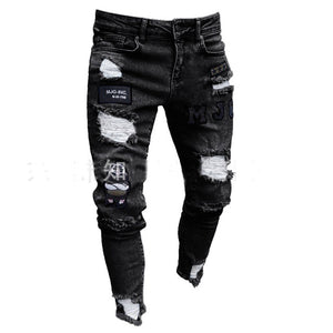 3 Styles Men Stretchy Ripped Skinny Biker Embroidery Print Jeans Destroyed Hole Taped Slim Fit Denim Scratched High Quality Jean - SWAGG FASHION