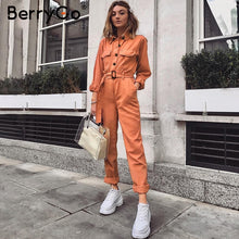 Load image into Gallery viewer, BerryGo Casual cargo cotton female jumpsuits Orange sash pocket sport womens jumpsuit romper Chic autumn winter ladies overalls - SWAGG FASHION
