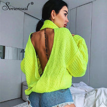 Load image into Gallery viewer, Simenual Knitwear Backless Criss Cross Sweaters Women Neon Yellow Fashion Autumn Pullovers Turtleneck Long Sleeve Solid Jumpers - SWAGG FASHION
