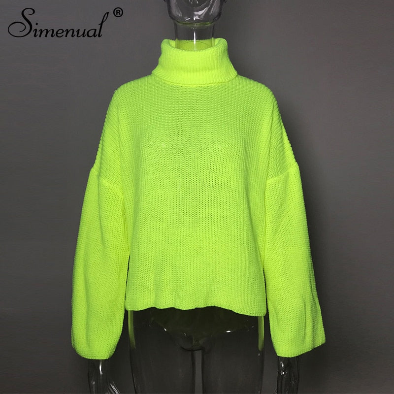 Simenual Knitwear Backless Criss Cross Sweaters Women Neon Yellow Fashion Autumn Pullovers Turtleneck Long Sleeve Solid Jumpers - SWAGG FASHION
