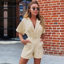 Load image into Gallery viewer, BeAvant Solid Beige Women Short jumpsuit romper High Waist Casual Playsuit Cotton Female Spring summer V Neck Sexy overalls 2020 - SWAGG FASHION
