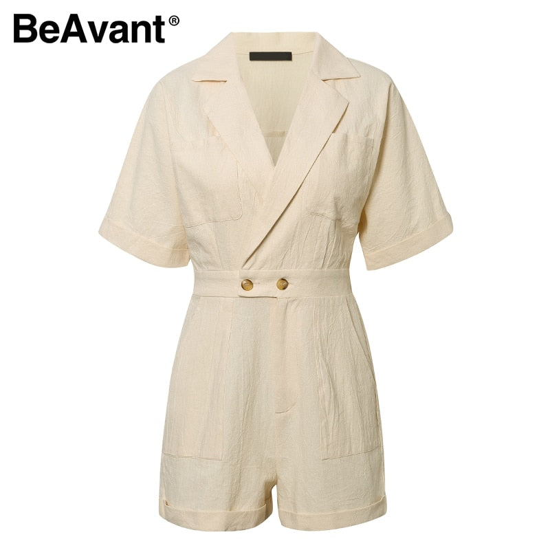 BeAvant Solid Beige Women Short jumpsuit romper High Waist Casual Playsuit Cotton Female Spring summer V Neck Sexy overalls 2020 - SWAGG FASHION