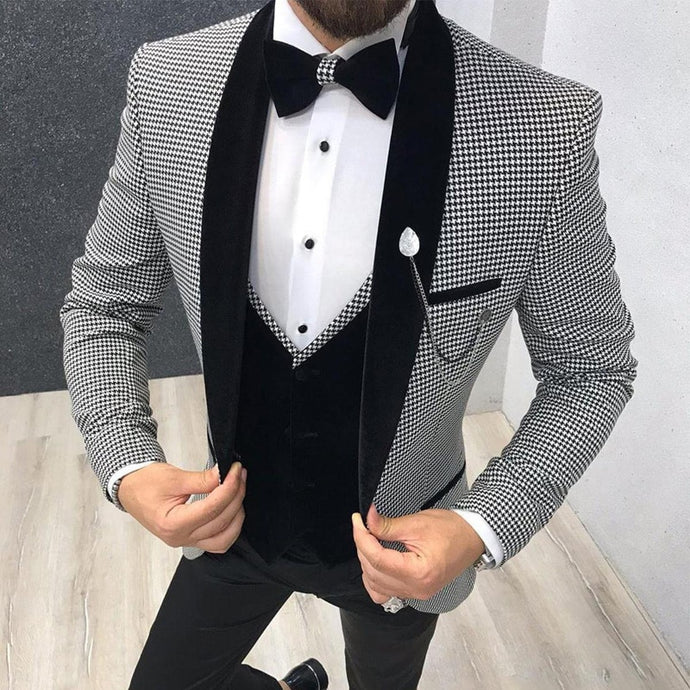 3 Piece Houndstooth Men Suit Slim Fit for Dinner Party Prom Tailor made Suit Groom Wedding Tuxedo Best Man Jacket Pants Vest - SWAGG FASHION