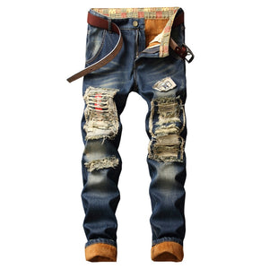 Denim Designer Hole Jeans High Quality Ripped for Men Size 28-38 40 2019 Autumn Winter Plus Velvet HIP HOP Punk Streetwear - SWAGG FASHION