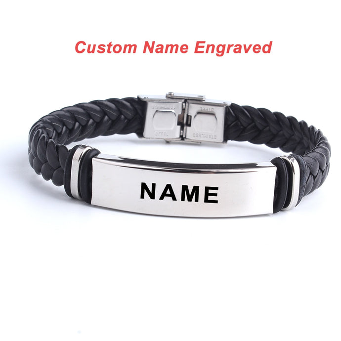 Fashion Custom logo Name Engrave Leather Bangle & Bracelet 316L Stainless Steel Bracelets For Women Men ID Bracelet Jewelry - SWAGG FASHION