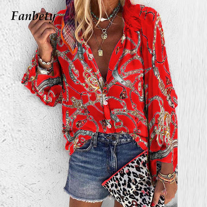 Fanbety 5XL Chains print Blouses Woman Sexy V-Neck Button Long Sleeve Shirt 2019 Womens Elegant Autumn New Tops Blouse plus size - SWAGG FASHION