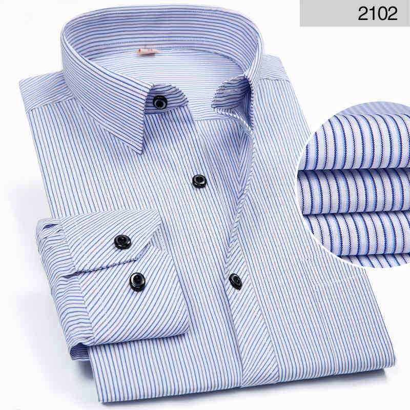 2020 Men Shirt Mens Business Casual Long Sleeved Slim Fit Shirts Men Striped Dress Work Social Dress Shirt Brand Clothes DS022 - SWAGG FASHION