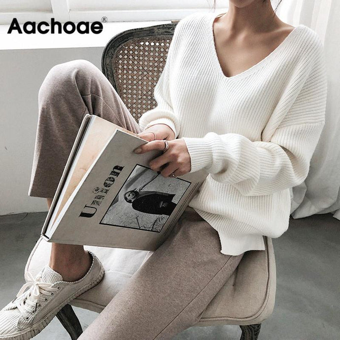 Womens Sweaters 2020 Autumn Winter Casual V Neck Women Pullover Sweater Solid Long Sleeve Fashion Loose Knitted Cashmere Top - SWAGG FASHION
