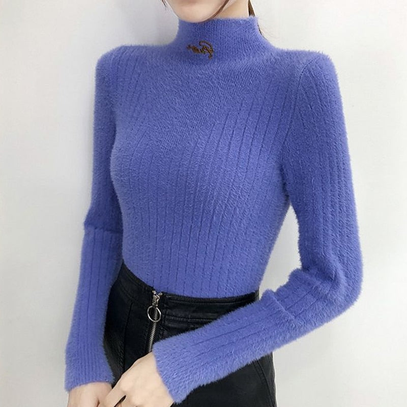 Women Half-Turtleneck Kintted Basic Sweater Solid Color Simple Pullover Feamle Long sleeve Slim Sweaters - SWAGG FASHION