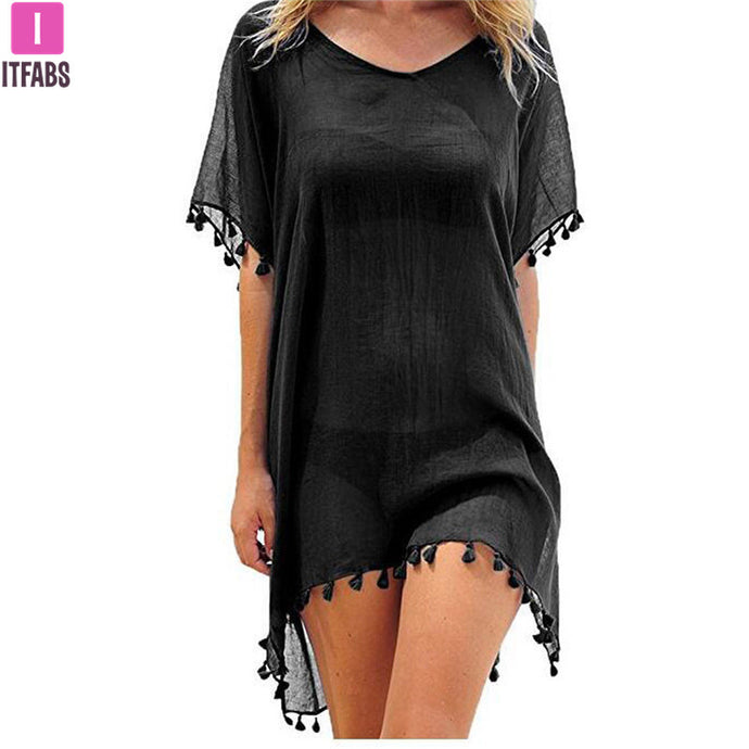 2020 Chiffon Tassels Beach Wear Women Swimsuit Cover Up Swimwear Bathing Suits Summer Mini Dress Loose Solid Pareo Cover Ups - SWAGG FASHION