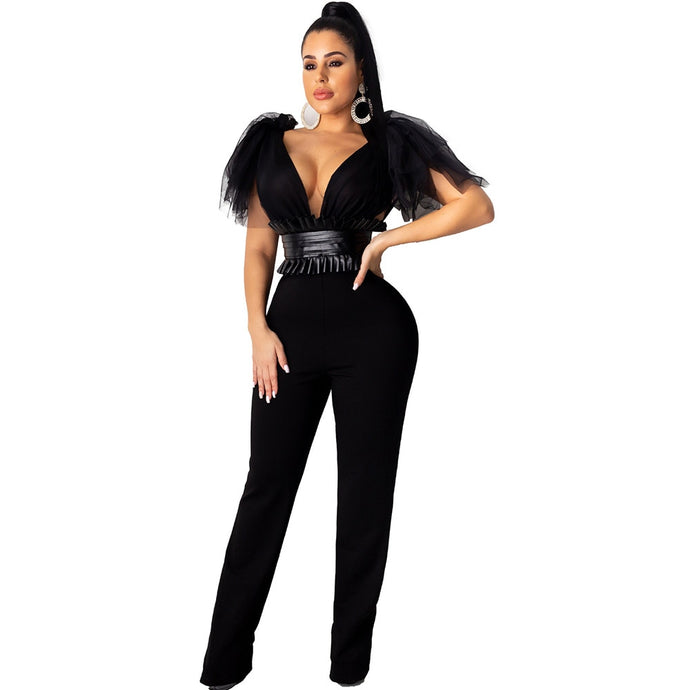 Sexy Deep V Neck Party Evening Elegant Jumpsuit for Women Sheer Mesh Bow High Waist Night Club Rompers Womens Jumpsuit Overalls - SWAGG FASHION