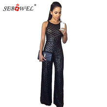 Load image into Gallery viewer, SEBOWEL Geometric Stripe Black/Gold Sequin Jumpsuit Women Sexy Sleeveless Wide Leg Jumpsuit Long Pants Sparkle Female Rompers XL - SWAGG FASHION
