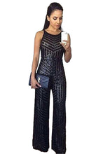 Load image into Gallery viewer, SEBOWEL Geometric Stripe Black/Gold Sequin Jumpsuit Women Sexy Sleeveless Wide Leg Jumpsuit Long Pants Sparkle Female Rompers XL - SWAGG FASHION
