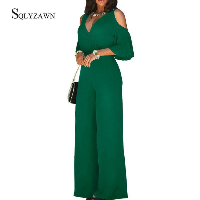 Women Sexy Off Shoulder Flare Sleeve Palazzo Wide Leg Pants Jumpsuit Vintage Elegant Loose Romper Streetwear V Neck Long Overall - SWAGG FASHION