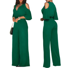 Load image into Gallery viewer, Women Sexy Off Shoulder Flare Sleeve Palazzo Wide Leg Pants Jumpsuit Vintage Elegant Loose Romper Streetwear V Neck Long Overall - SWAGG FASHION
