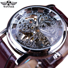 Load image into Gallery viewer, Winner Transparent Golden Case Luxury Casual Design Brown Leather Strap Mens Watches Top Brand Luxury Mechanical Skeleton Watch - SWAGG FASHION
