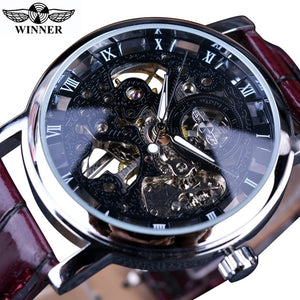 Winner Transparent Golden Case Luxury Casual Design Brown Leather Strap Mens Watches Top Brand Luxury Mechanical Skeleton Watch - SWAGG FASHION