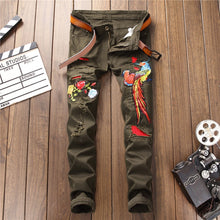 Load image into Gallery viewer, 2019 New Straight Green Chinese Embroidery Jeans Men Streetwear Destroyed Ripped Punk Hip Hop Pencil Biker Patch Trousers - SWAGG FASHION
