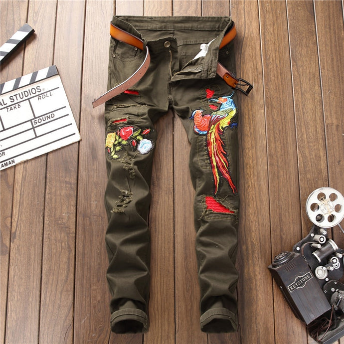 2019 New Straight Green Chinese Embroidery Jeans Men Streetwear Destroyed Ripped Punk Hip Hop Pencil Biker Patch Trousers - SWAGG FASHION