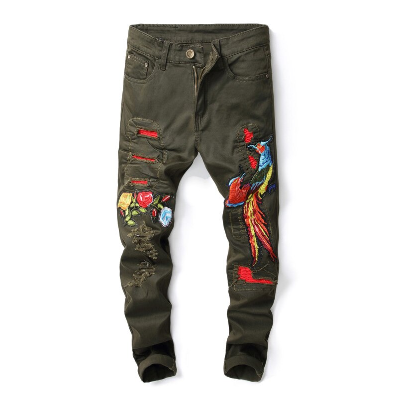 2019 New Straight Green Chinese Embroidery Jeans Men Streetwear Destroyed Ripped Punk Hip Hop Pencil Biker Patch Trousers - SWAGG FASHION