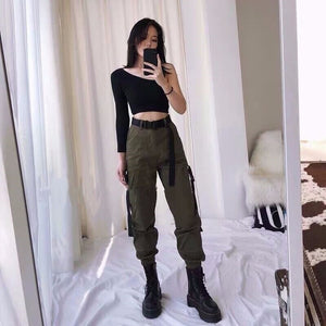 Armygreen Cargo Pants With Belt Women Capri Casual High Waist Trousers Ladies Black Harajuku Hip Hop Joggers School Streetwear - SWAGG FASHION