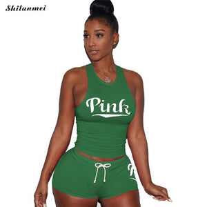 2020 Women'S Tracksuits Set Pink Letter Print Casual Summer Two Piece Sets Plus Size Tracksuits Women Tank Top and Shorts Outfit - SWAGG FASHION