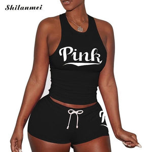 2020 Women'S Tracksuits Set Pink Letter Print Casual Summer Two Piece Sets Plus Size Tracksuits Women Tank Top and Shorts Outfit - SWAGG FASHION