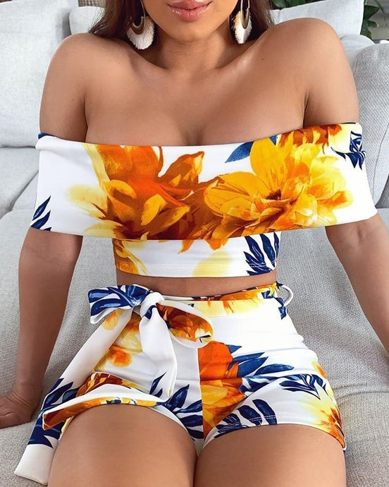 Floral Print Slash Neck Off Shoulder Crop Tops & Tied High Waist Shorts Sets Summer Beach Casual 2 Piece Outfits for Women - SWAGG FASHION