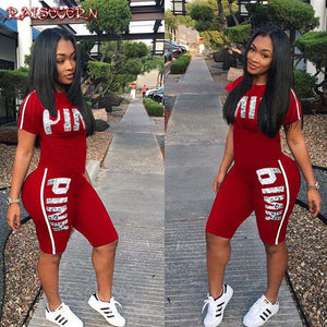 RAISEVERN PINK Letter Print 2 Piece Set Women Summer Two Piece Tracksuit Short Sleeve Top and Knee Length Shorts Casual Outfit - SWAGG FASHION