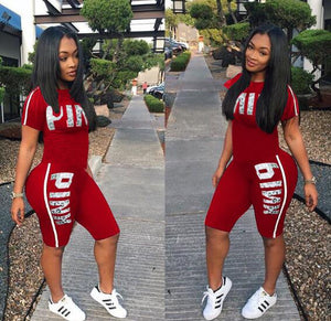 RAISEVERN PINK Letter Print 2 Piece Set Women Summer Two Piece Tracksuit Short Sleeve Top and Knee Length Shorts Casual Outfit - SWAGG FASHION