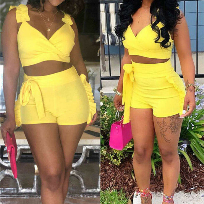 Two Piece Set 2020 Summer women crop tops High Waist Shorts Ruffles Bow outfits Ladies Yellow Slim matching Clothes sets - SWAGG FASHION