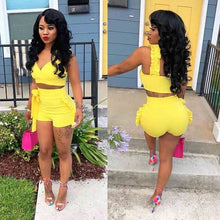 Load image into Gallery viewer, Two Piece Set 2020 Summer women crop tops High Waist Shorts Ruffles Bow outfits Ladies Yellow Slim matching Clothes sets - SWAGG FASHION

