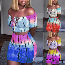 Load image into Gallery viewer, Sexy Hot Women 2 Piece Bodycon Clothes Sets Off Shoulder Tops T-shirt Lace Up Neck Crop Tops+Hot Skirts Striped Club Wear Sets - SWAGG FASHION
