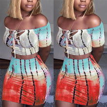 Load image into Gallery viewer, Sexy Hot Women 2 Piece Bodycon Clothes Sets Off Shoulder Tops T-shirt Lace Up Neck Crop Tops+Hot Skirts Striped Club Wear Sets - SWAGG FASHION
