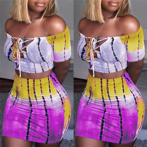 Sexy Hot Women 2 Piece Bodycon Clothes Sets Off Shoulder Tops T-shirt Lace Up Neck Crop Tops+Hot Skirts Striped Club Wear Sets - SWAGG FASHION