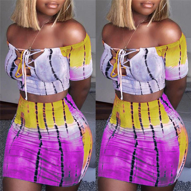 Sexy Hot Women 2 Piece Bodycon Clothes Sets Off Shoulder Tops T-shirt Lace Up Neck Crop Tops+Hot Skirts Striped Club Wear Sets - SWAGG FASHION