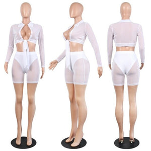 Women Plus Size Two Pieces Sexy Long Sleeve See-Through Mesh Fishnet Crop Top T-Shirt and Shorts Set - SWAGG FASHION