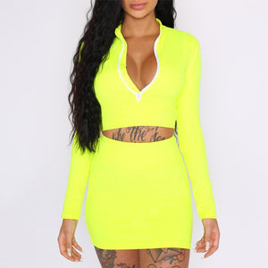 long sleeve high neck zipper bodycon crop tops mini skirt 2 pieces sets 2018 autumn winter women fashion solid set - SWAGG FASHION