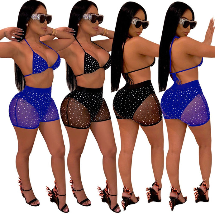 New 2019 Summer Glitter Black Women Beach Clothes Brazillian Push Up Camis and See Through Mesh Shorts Sets Outfits Female Suits - SWAGG FASHION