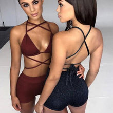 Load image into Gallery viewer, BKLD Glitter Sexy 2 Two Piece Set Sleeveless Crop Tops+Shorts Red Black Gold Bodycon Matching Sets 2019 Summer Clothes For Women - SWAGG FASHION
