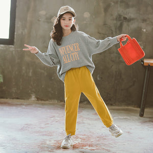 Girls autumn suit rice loose elastic casual suit Korean letter printing shirt two-piece suit - SWAGG FASHION