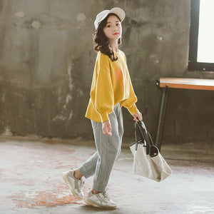 Girls autumn suit rice loose elastic casual suit Korean letter printing shirt two-piece suit - SWAGG FASHION