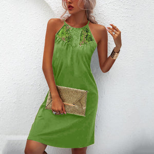 Fashion Halter Women Dress 2021 Hot Sale Women'S Sexy Solid Color Lace Sleeve Halter Neck Strapless Mini Dress Short Green Dress