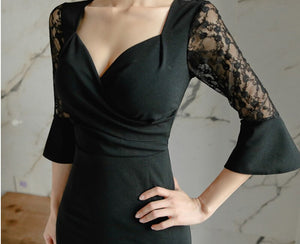 Cocktail Dress Black Knee Length Woman Party Dresses 2020 3/4 Sleeve Sexy Deep V-neck Cocktail Gowns Vestidos De Coktel - SWAGG FASHION